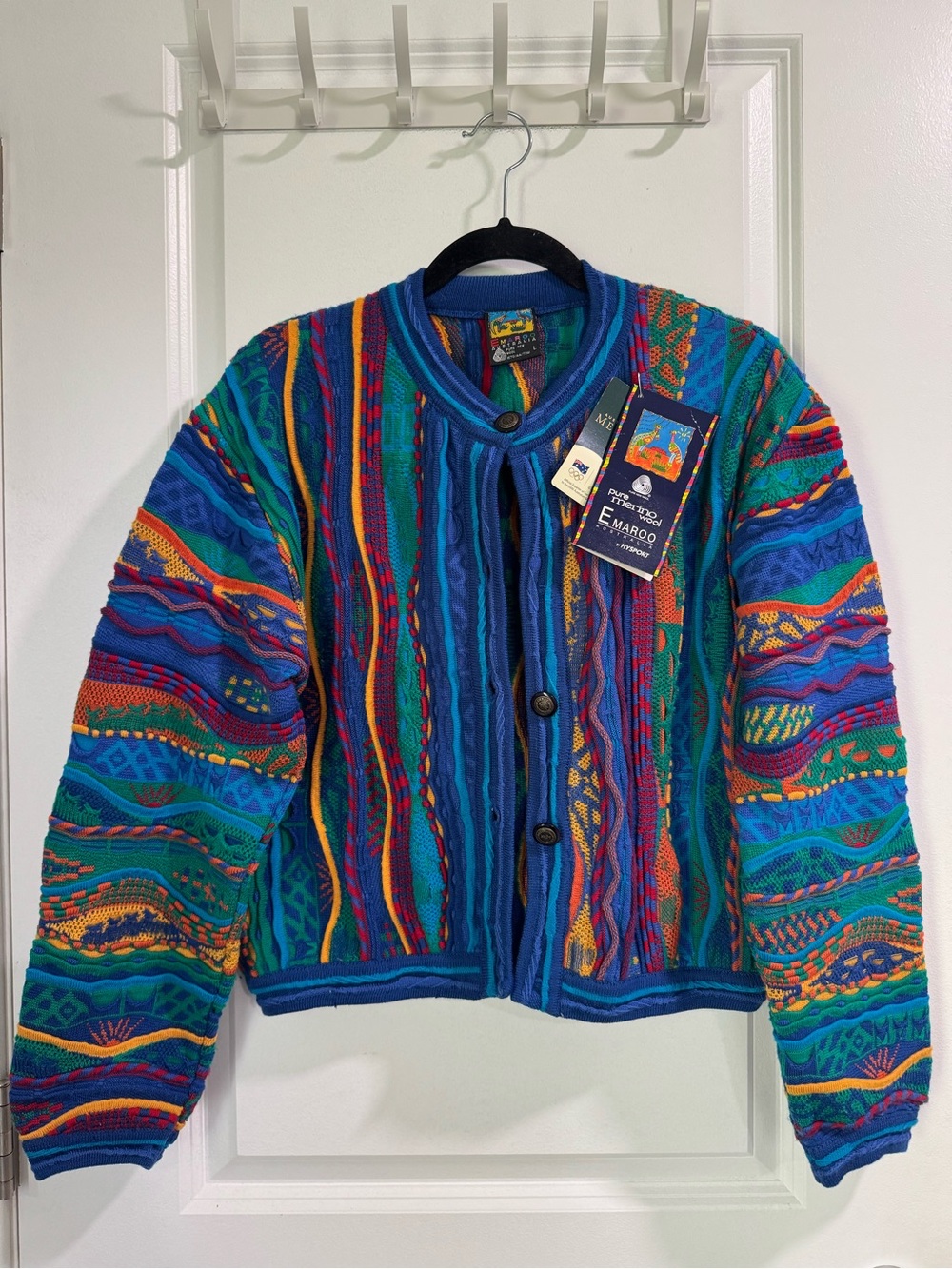 Vintage Emaroo Australia Karatha Crop Cardigan Multicolor Pure Merino Wool NWT L